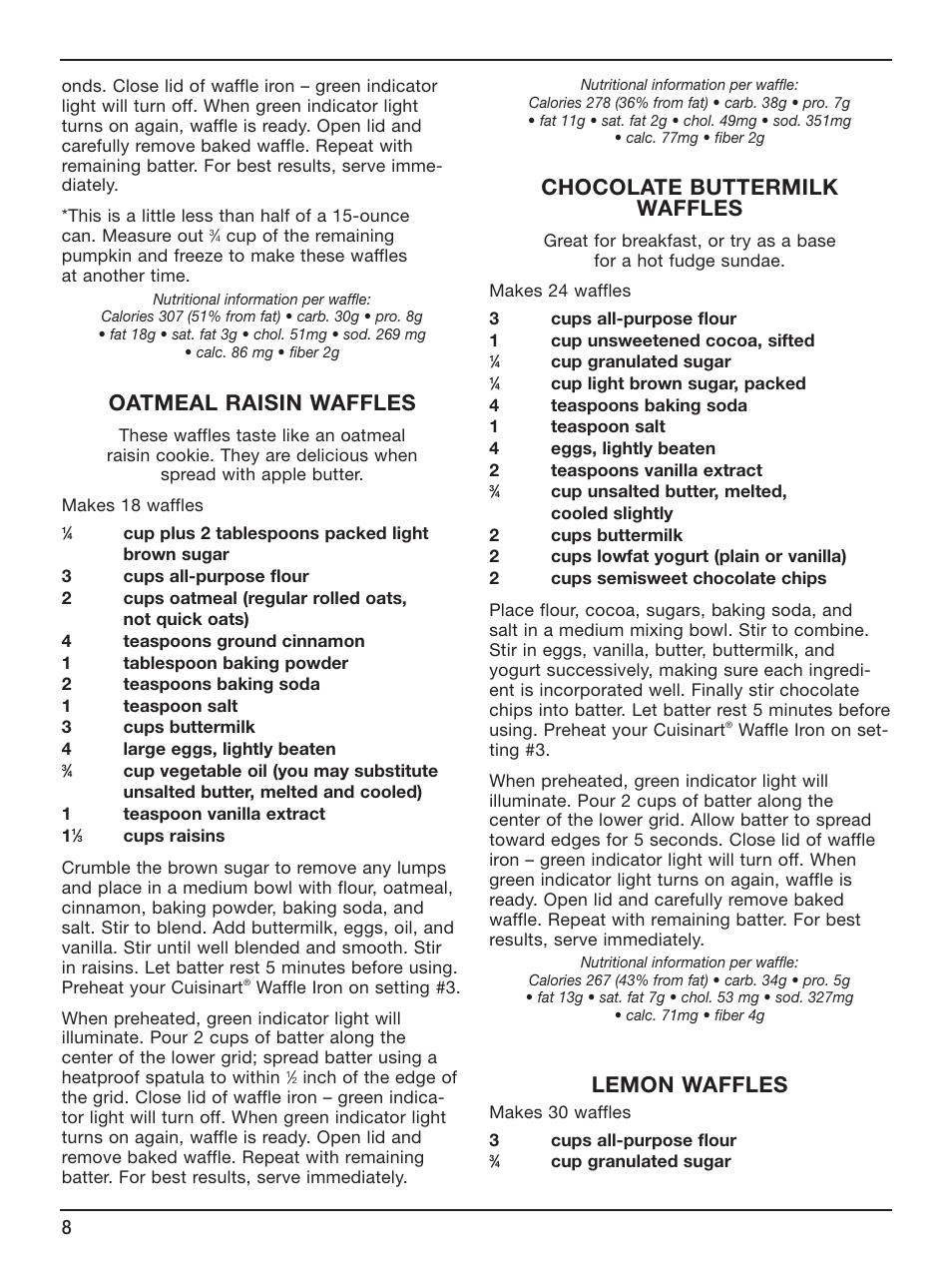 Oatmeal raisin waffles, Chocolate buttermilk waffles, Lemon waffles | Cuisinart WAF-6 User Manual | Page 8 / 13
