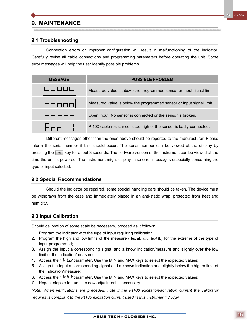 Maintenance | ABUS Technologies A1500 Universal Process Indicator User Manual | Page 16 / 17