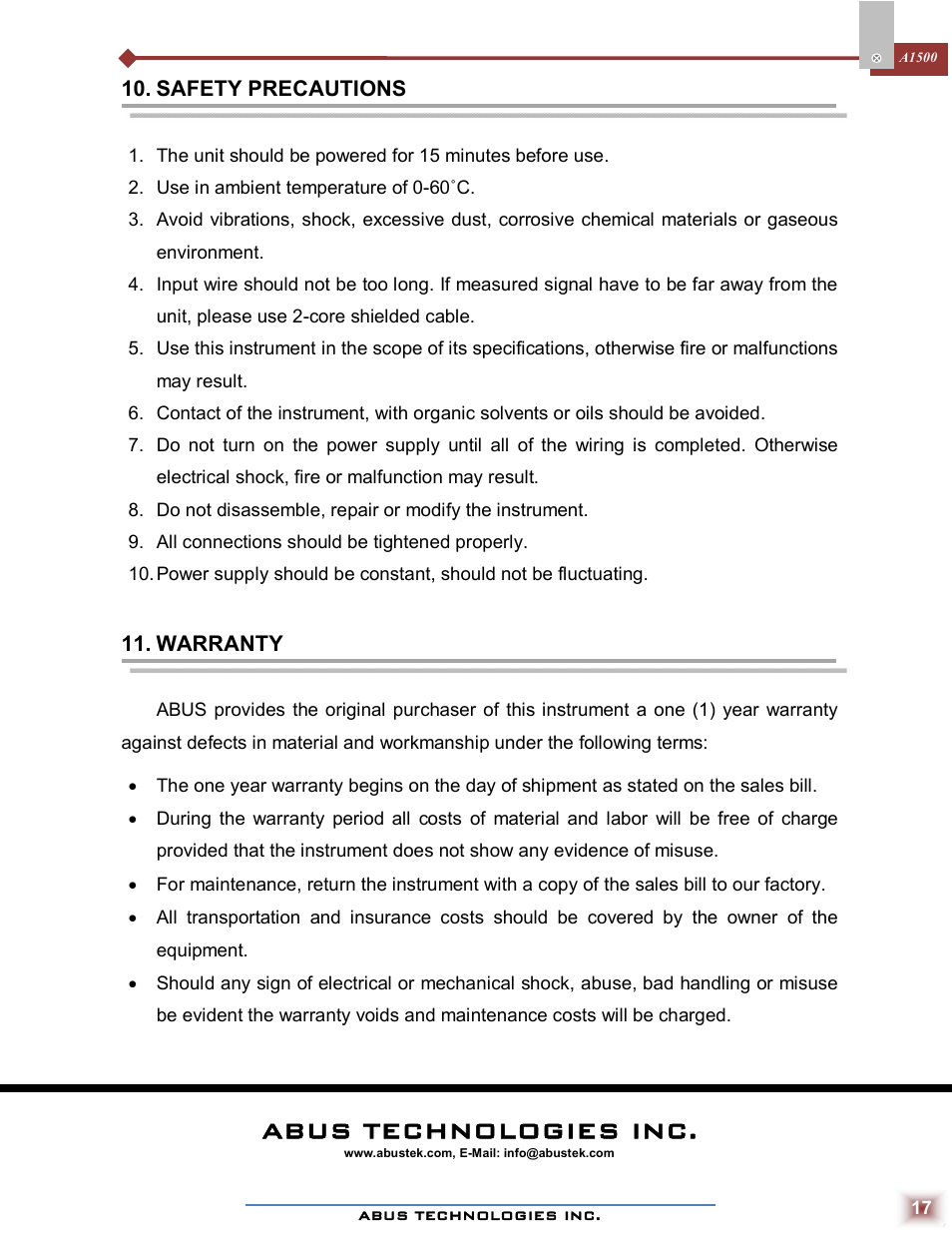 Abus technologies inc | ABUS Technologies A1500 Universal Process Indicator User Manual | Page 17 / 17