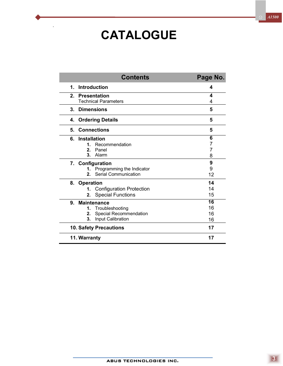 Catalogue, Contents page no | ABUS Technologies A1500 Universal Process Indicator User Manual | Page 3 / 17