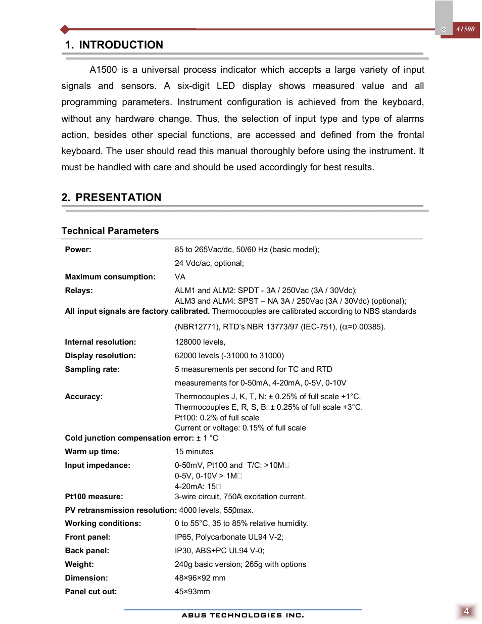 Introduction, Presentation | ABUS Technologies A1500 Universal Process Indicator User Manual | Page 4 / 17