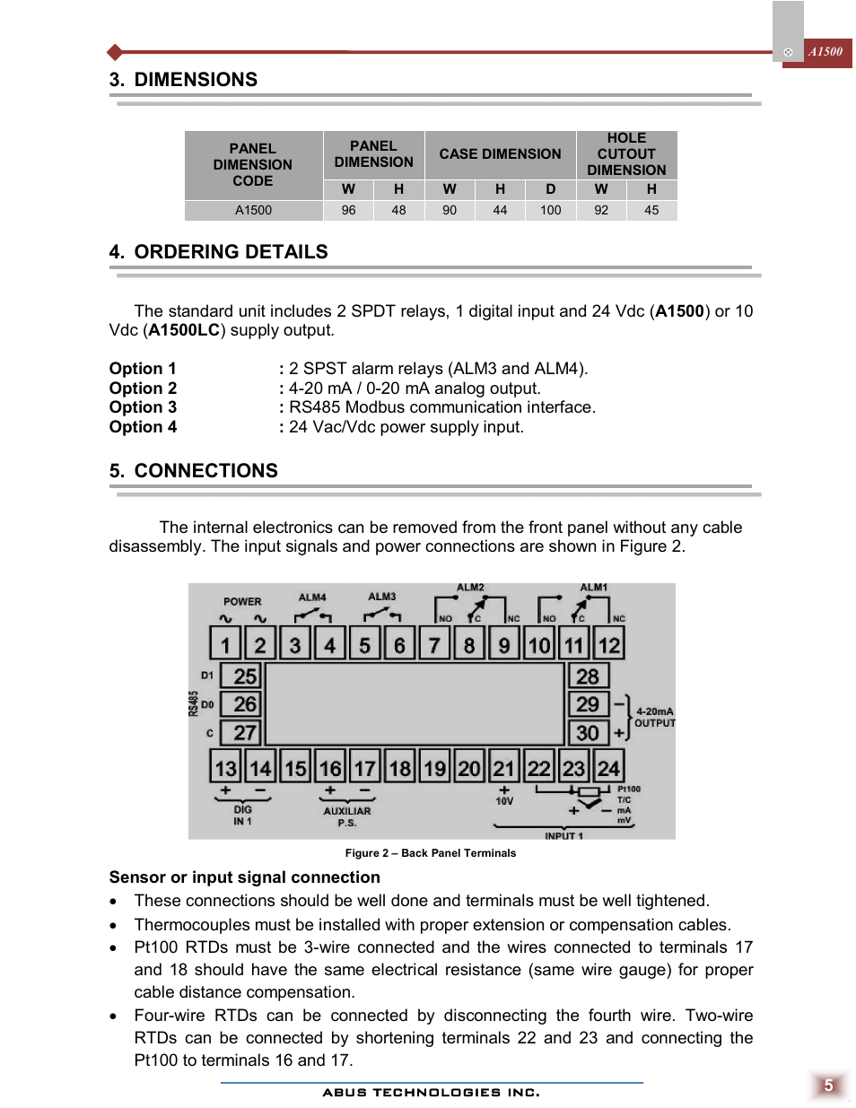 Dimensions, Ordering details, Connections | ABUS Technologies A1500 Universal Process Indicator User Manual | Page 5 / 17