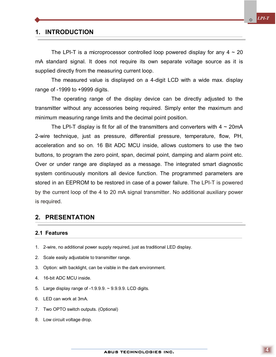 Introduction, Presentation | ABUS Technologies LPI-T Loop Powered Indicator User Manual | Page 4 / 10