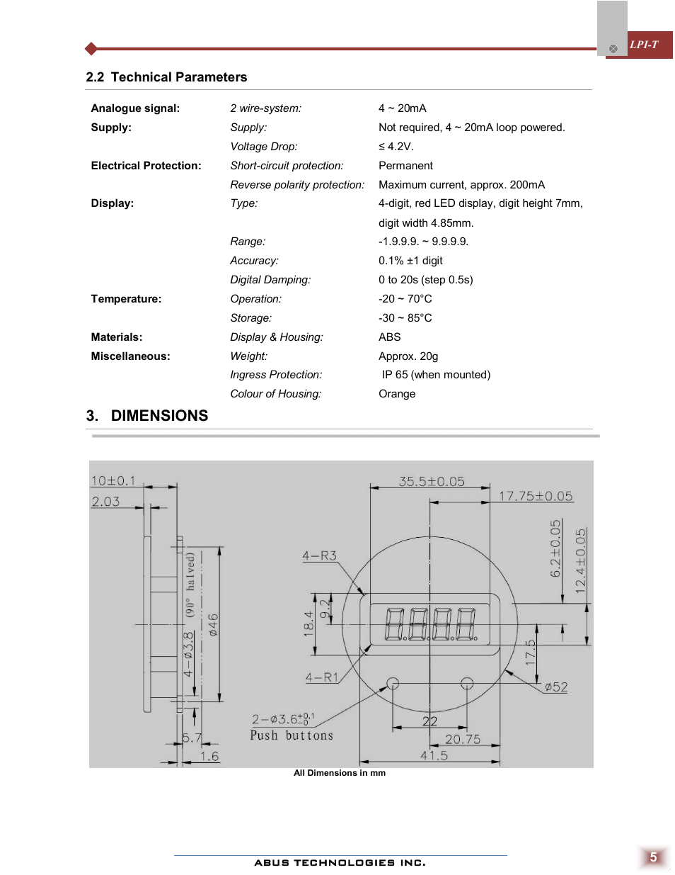 Dimensions | ABUS Technologies LPI-T Loop Powered Indicator User Manual | Page 5 / 10