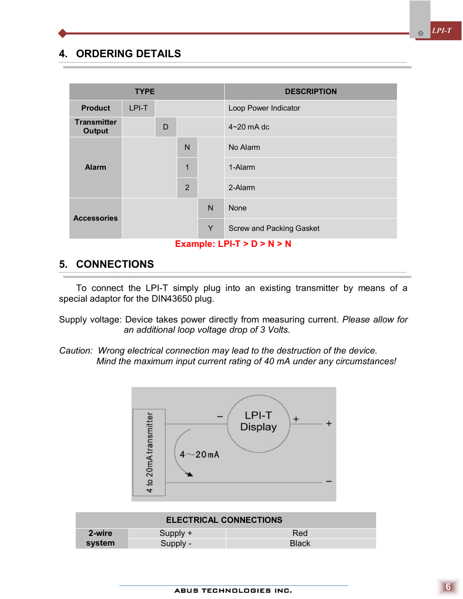 Ordering details, Connections | ABUS Technologies LPI-T Loop Powered Indicator User Manual | Page 6 / 10
