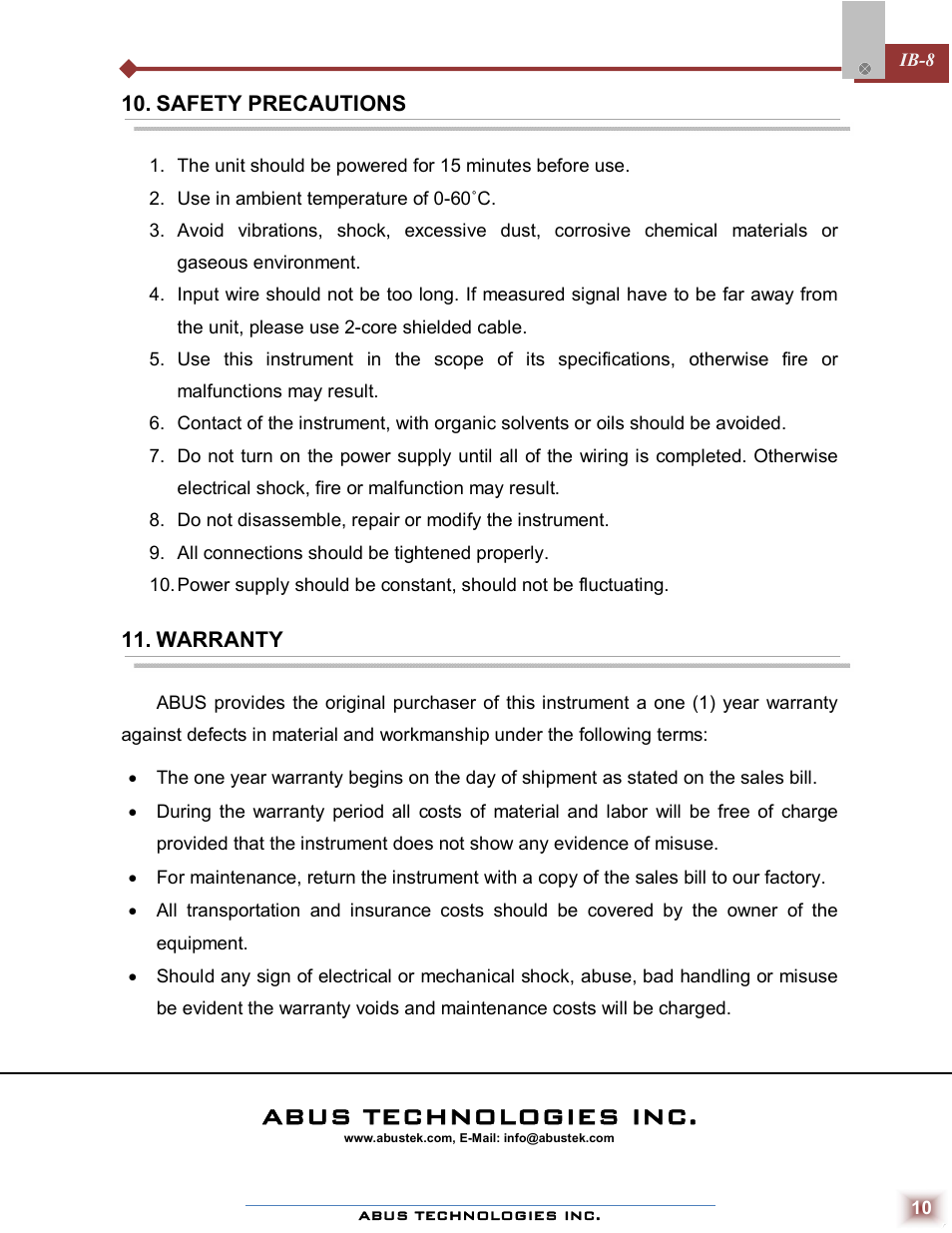 Abus technologies inc | ABUS Technologies IB - 8 Universal Indicator / Controller User Manual | Page 10 / 10