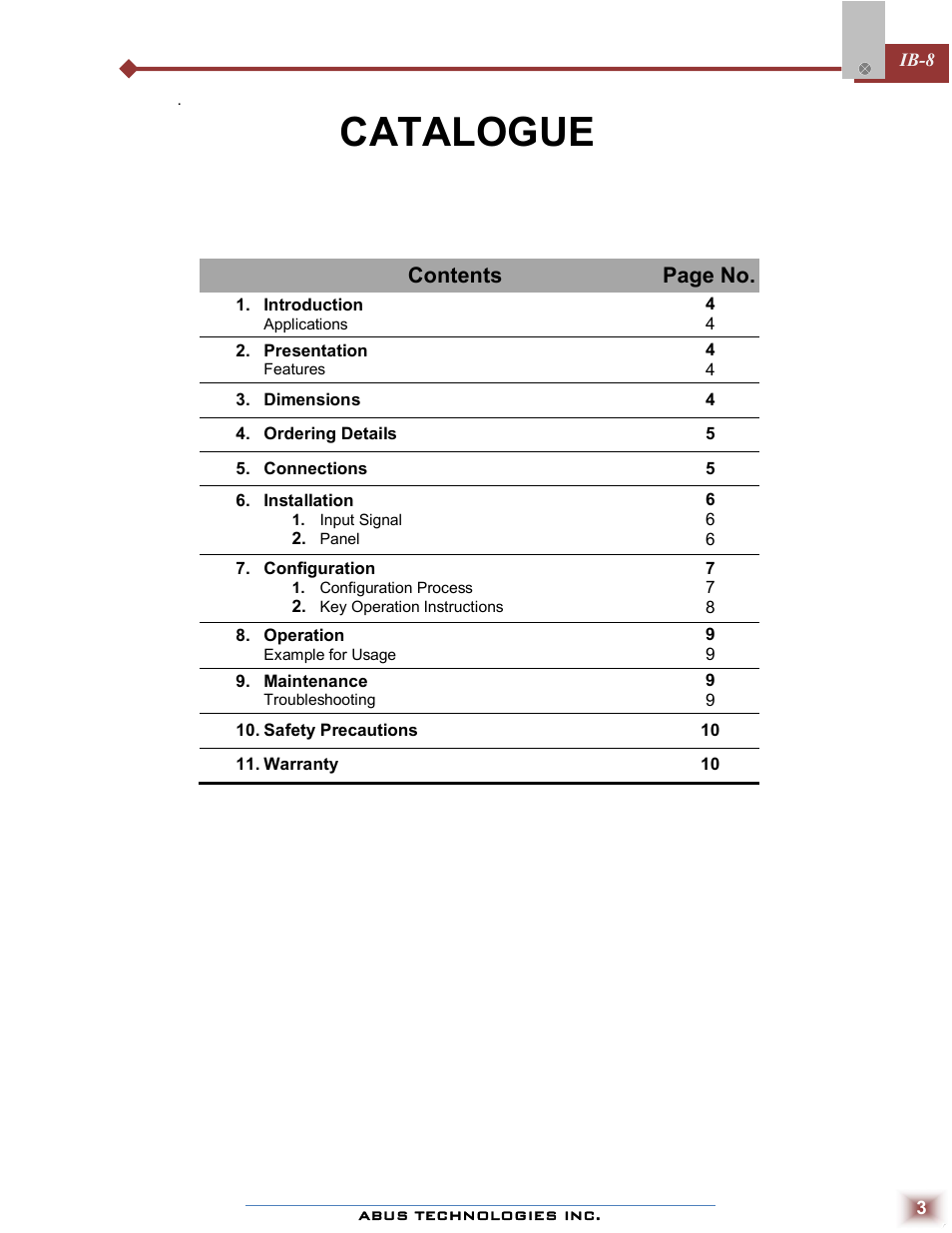 Catalogue, Contents page no | ABUS Technologies IB - 8 Universal Indicator / Controller User Manual | Page 3 / 10