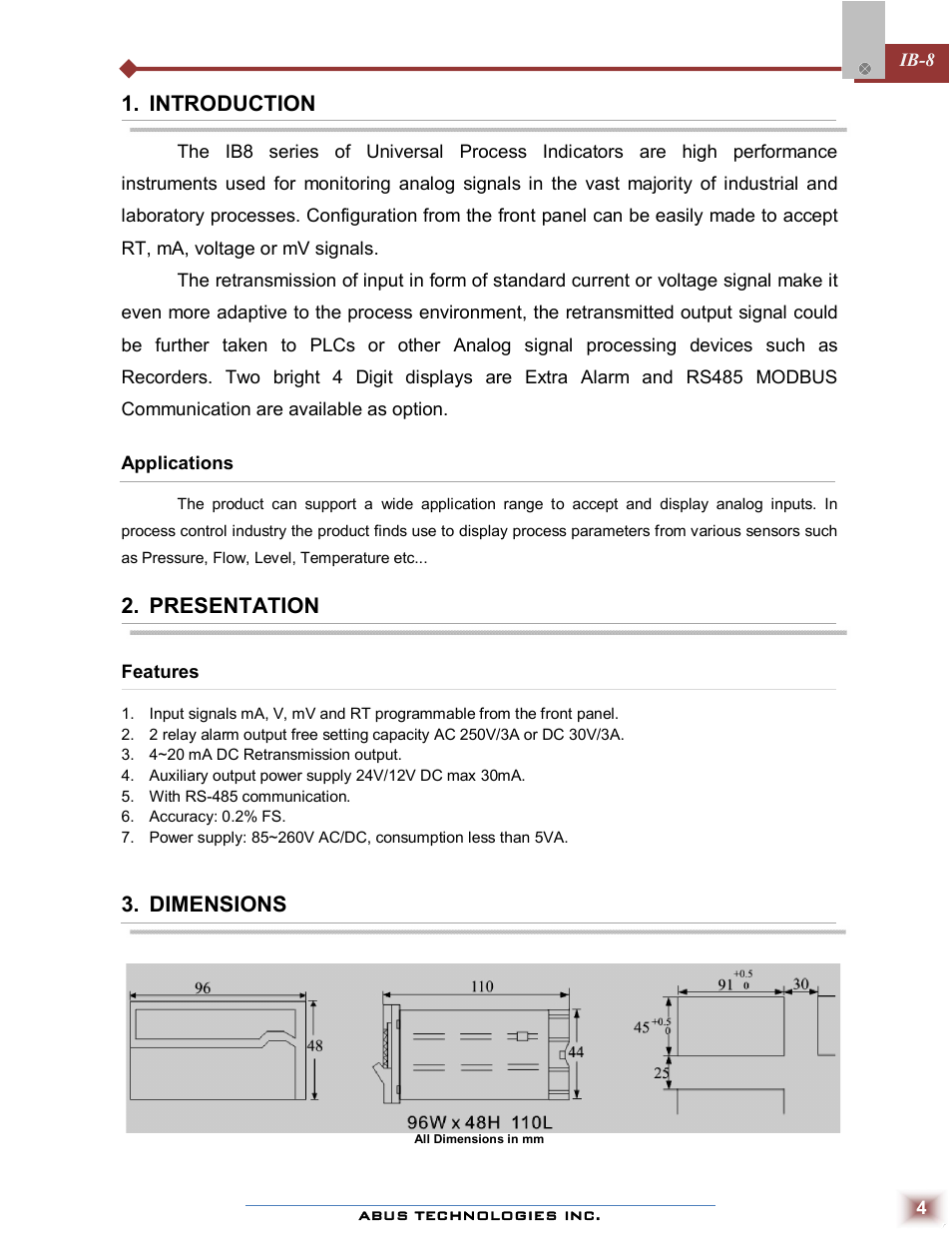 ABUS Technologies IB - 8 Universal Indicator / Controller User Manual | Page 4 / 10