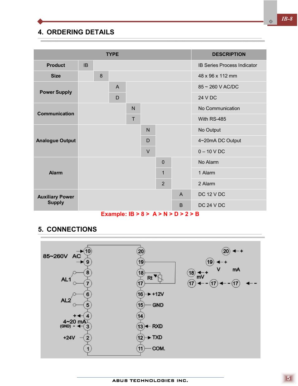 Ordering details, Connections | ABUS Technologies IB - 8 Universal Indicator / Controller User Manual | Page 5 / 10
