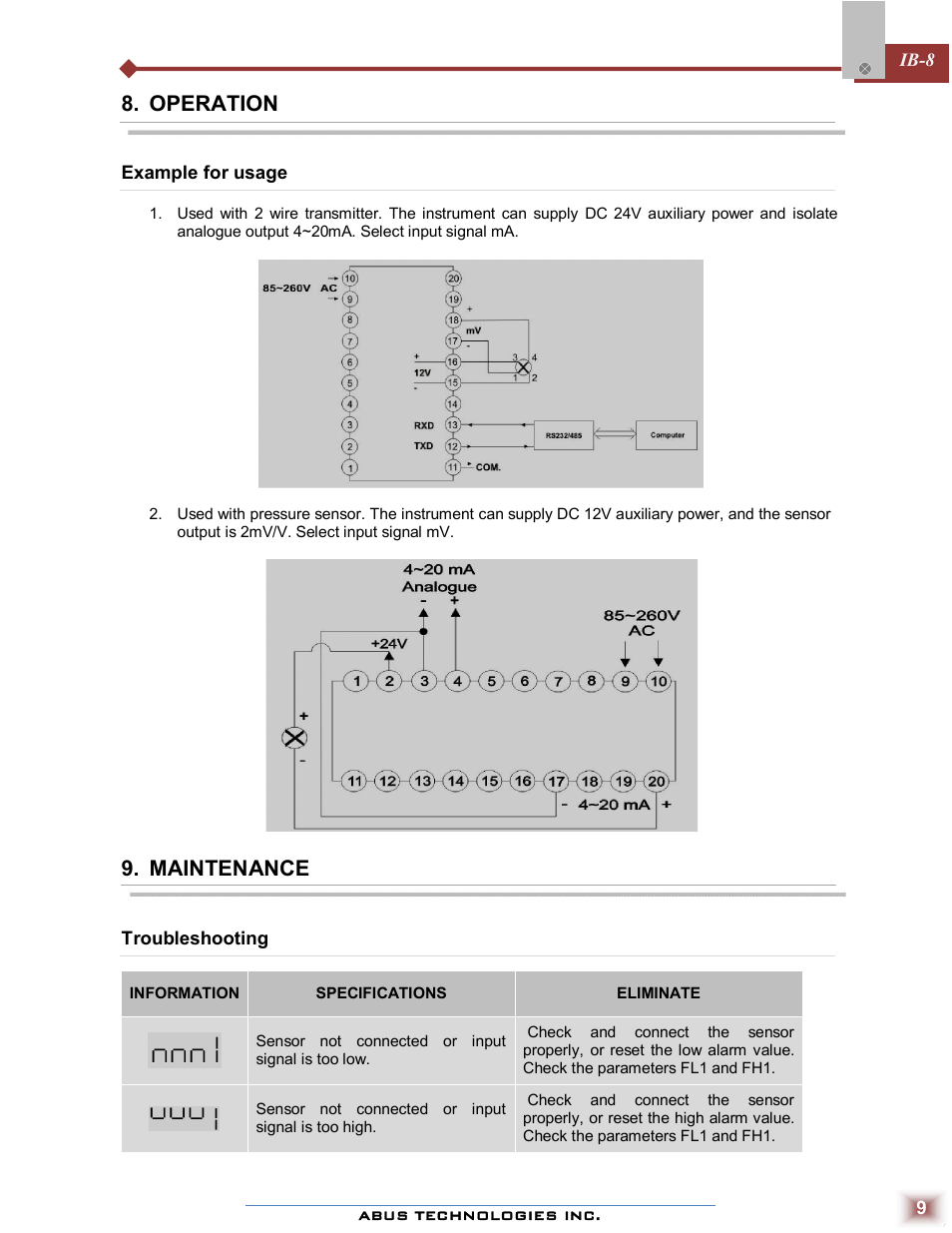 Operation, Maintenance | ABUS Technologies IB - 8 Universal Indicator / Controller User Manual | Page 9 / 10