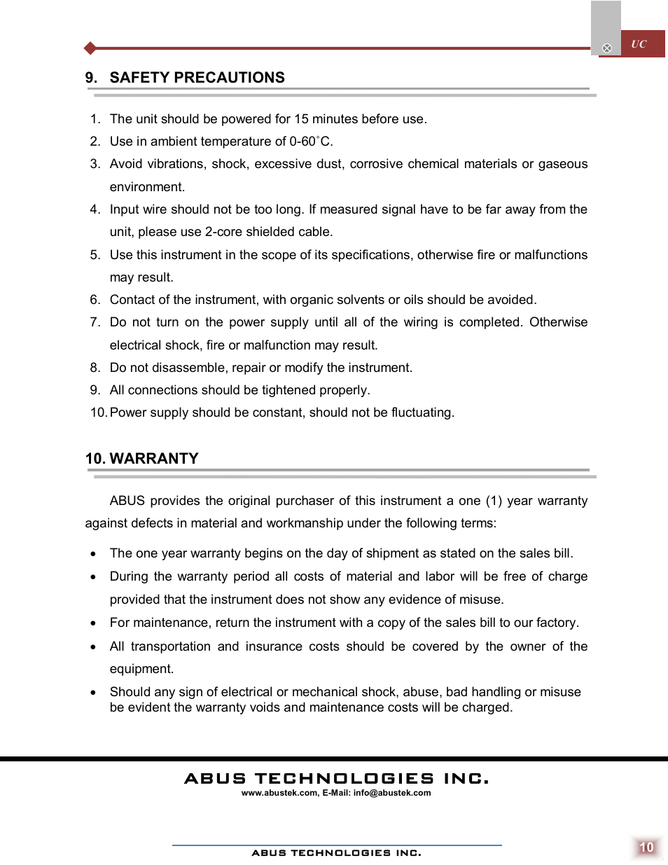 Abus technologies inc | ABUS Technologies UC Series Universal Process Controller User Manual | Page 10 / 10