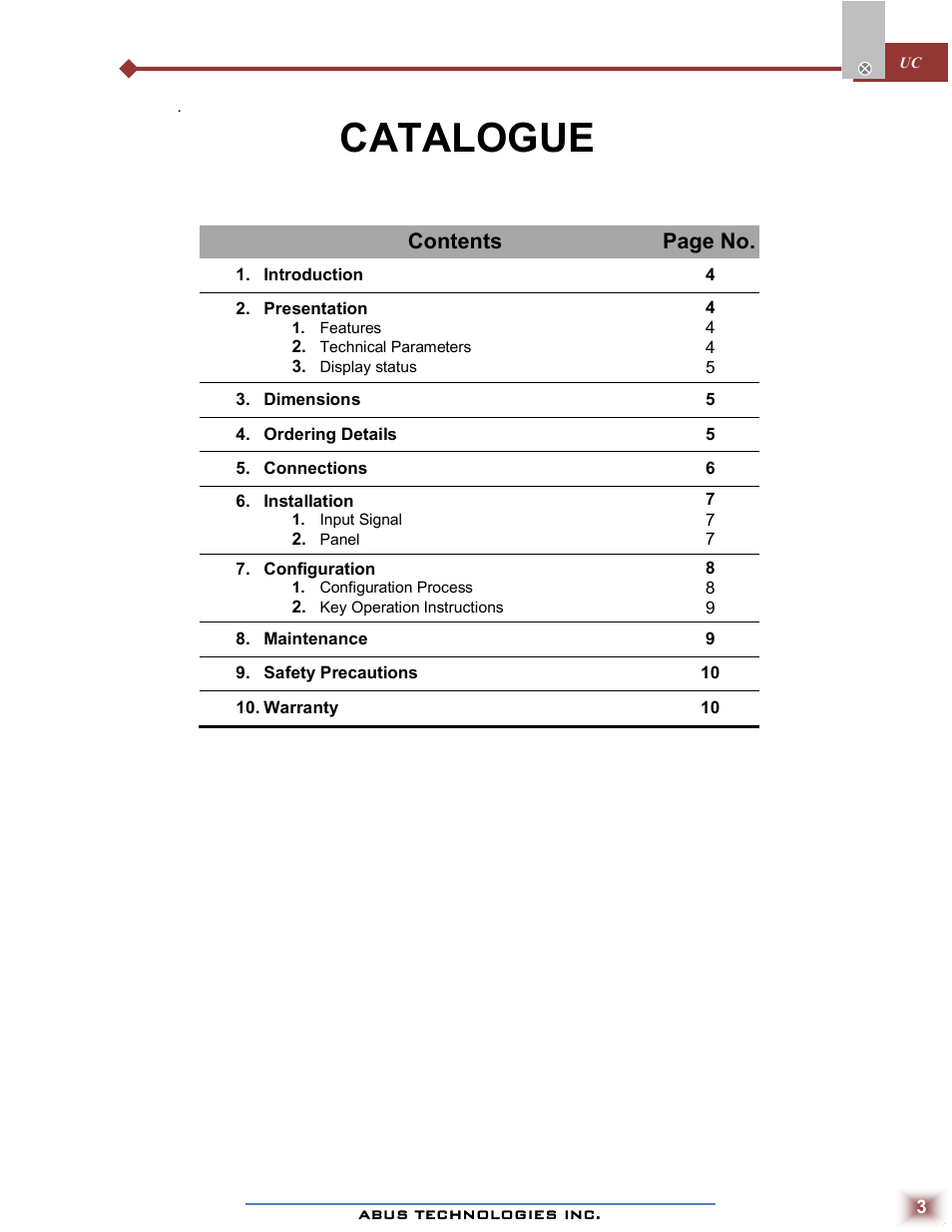 Catalogue, Contents page no | ABUS Technologies UC Series Universal Process Controller User Manual | Page 3 / 10