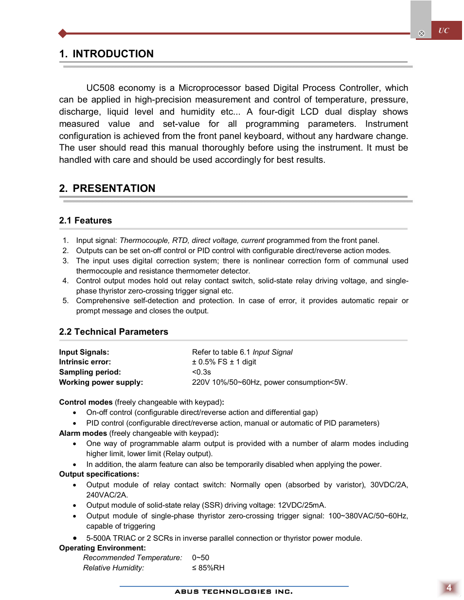 Introduction, Presentation | ABUS Technologies UC Series Universal Process Controller User Manual | Page 4 / 10