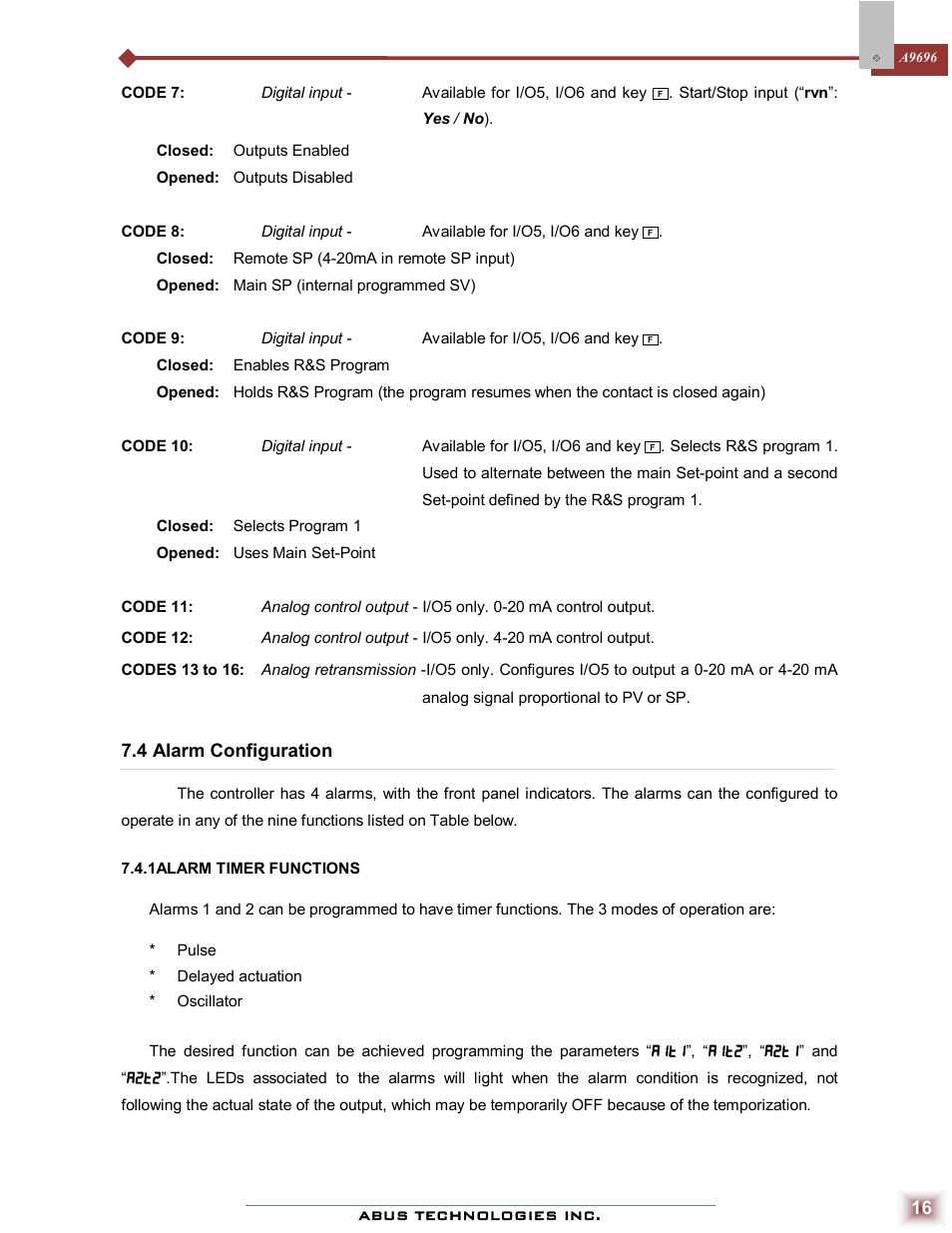 4 alarm configuration | ABUS Technologies A9696 Series Universal Controller User Manual | Page 16 / 22