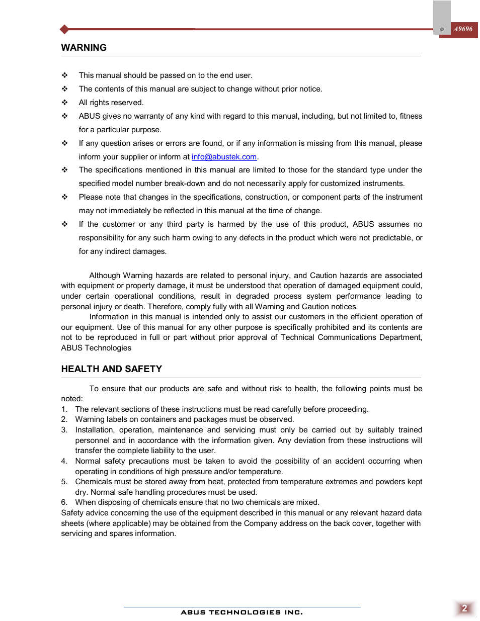 ABUS Technologies A9696 Series Universal Controller User Manual | Page 2 / 22