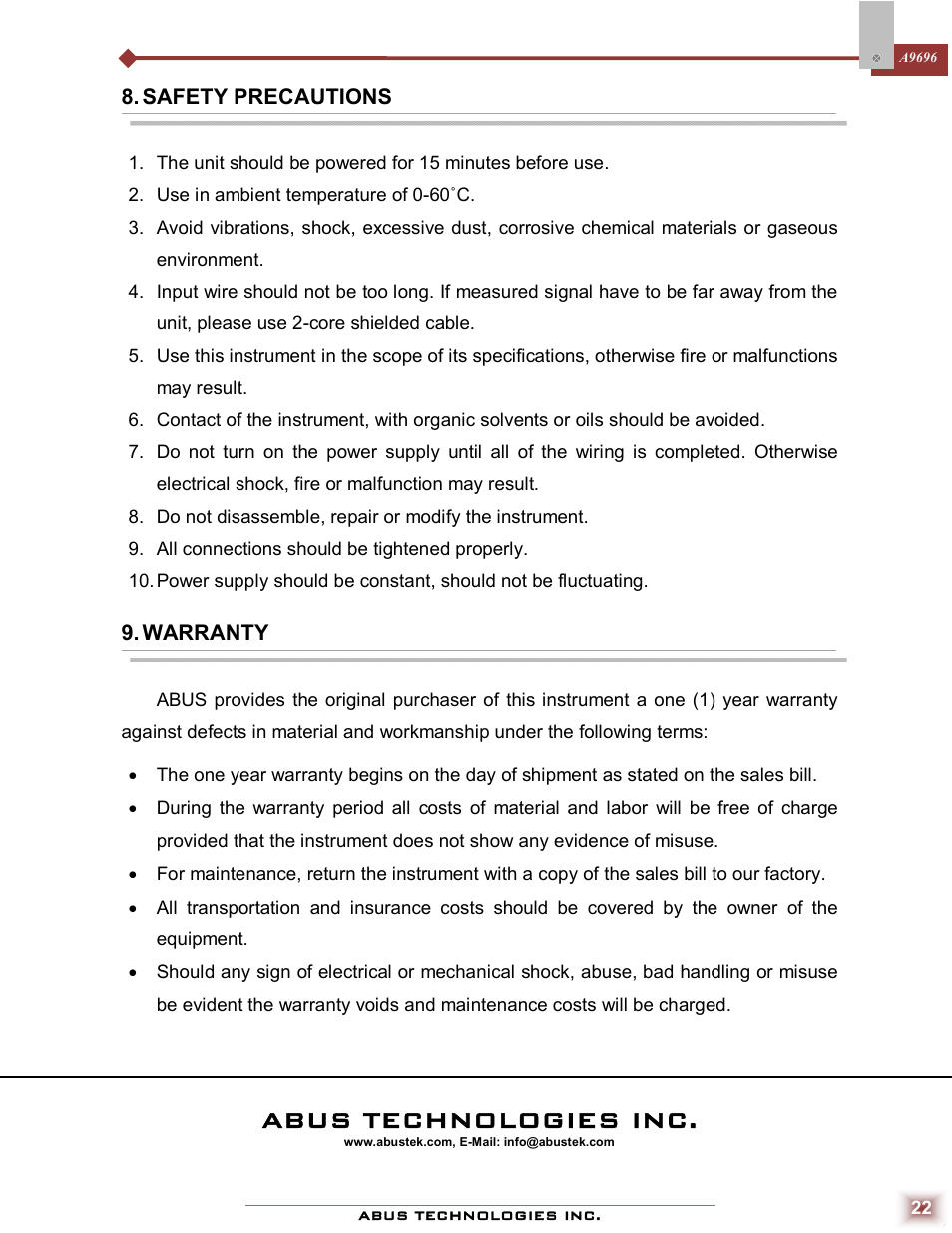 Abus technologies inc | ABUS Technologies A9696 Series Universal Controller User Manual | Page 22 / 22