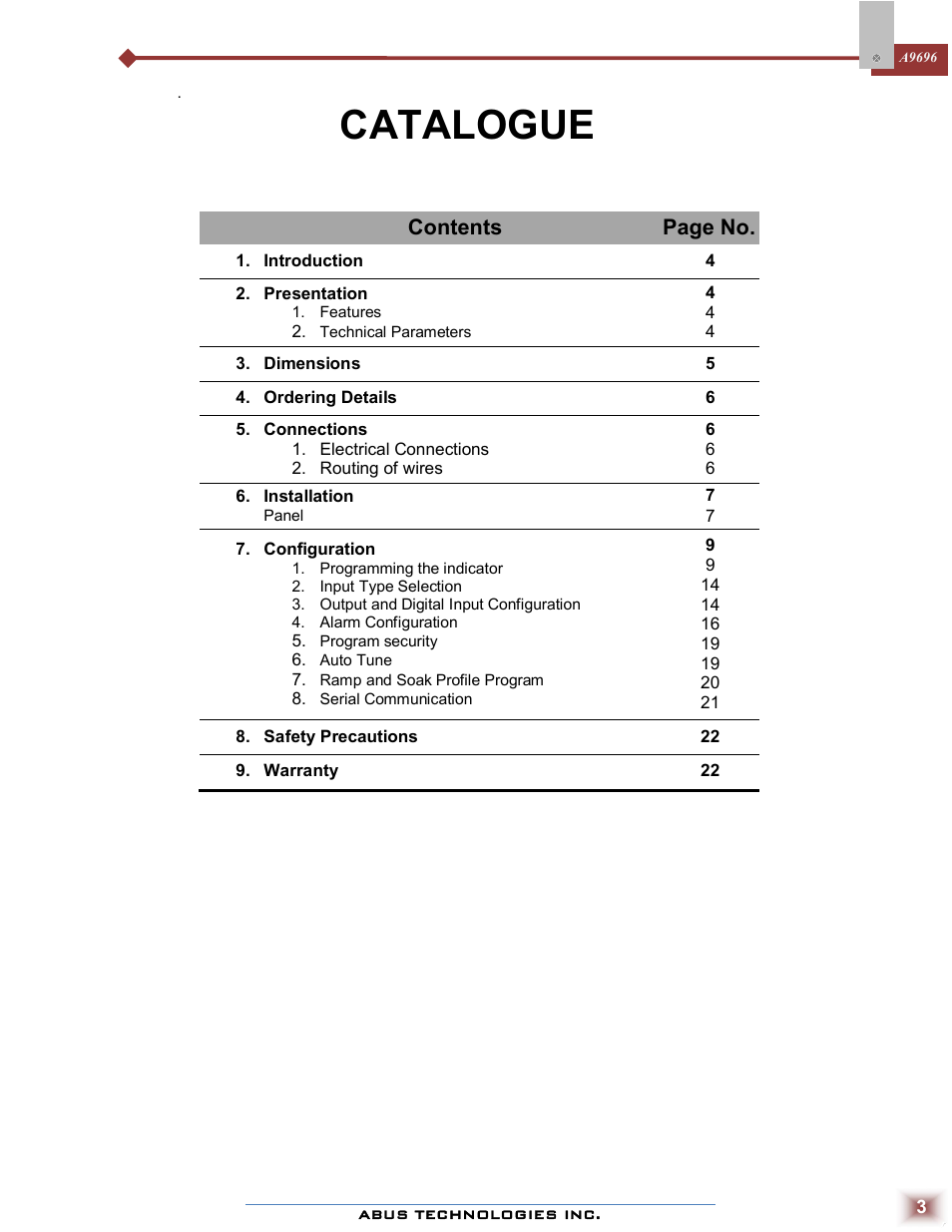 Catalogue, Contents page no | ABUS Technologies A9696 Series Universal Controller User Manual | Page 3 / 22