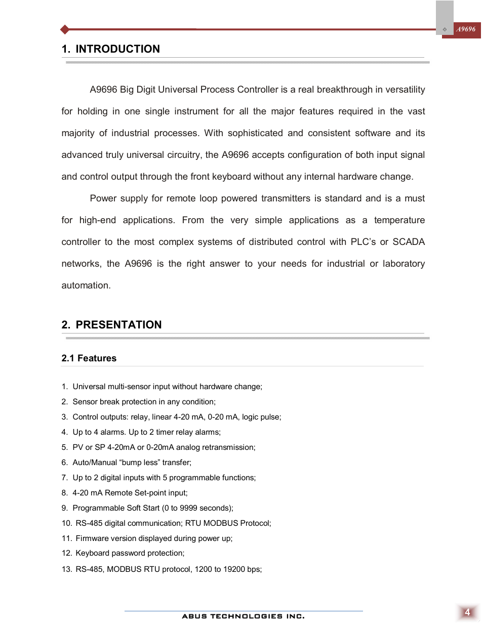 Introduction, Presentation | ABUS Technologies A9696 Series Universal Controller User Manual | Page 4 / 22