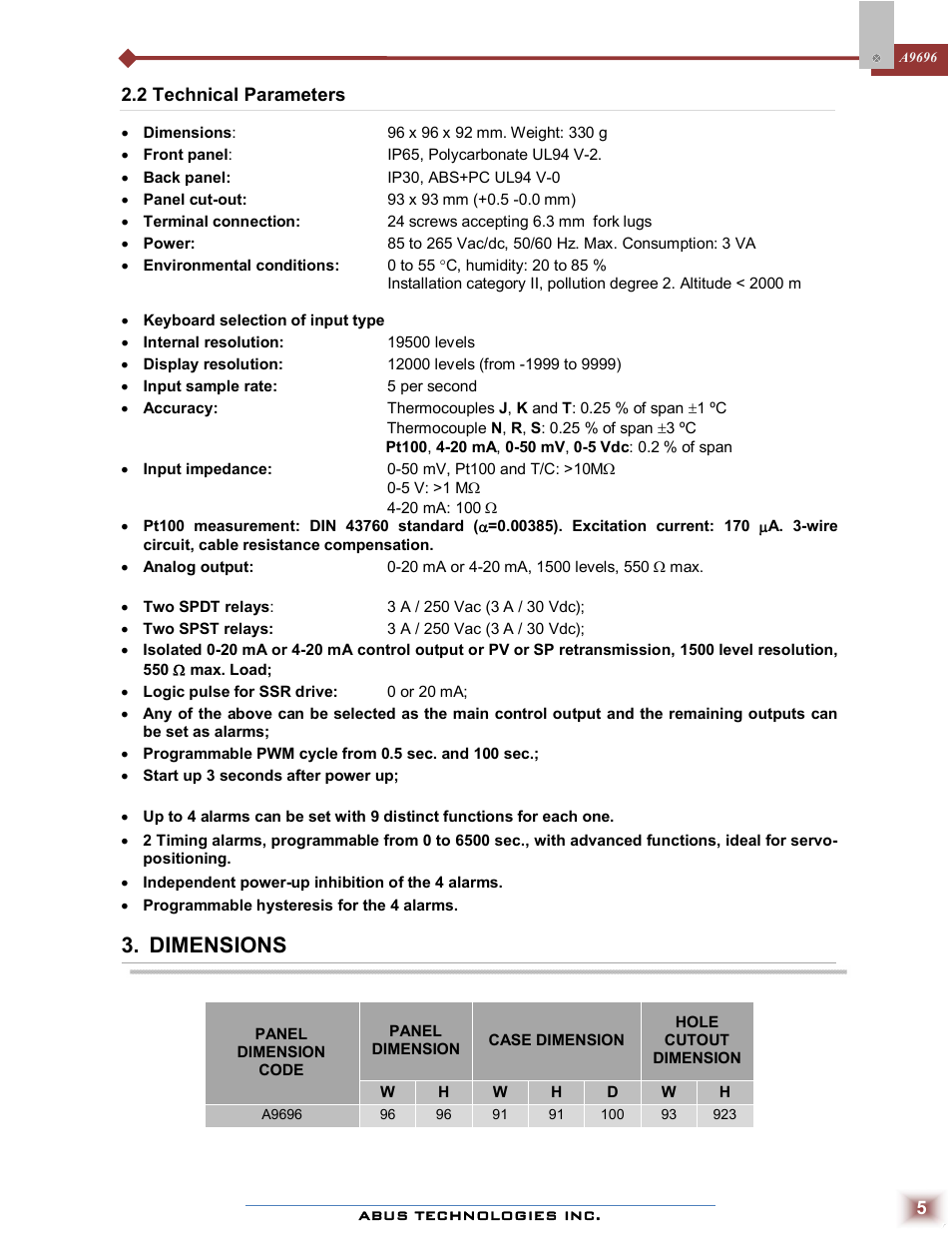 Dimensions | ABUS Technologies A9696 Series Universal Controller User Manual | Page 5 / 22