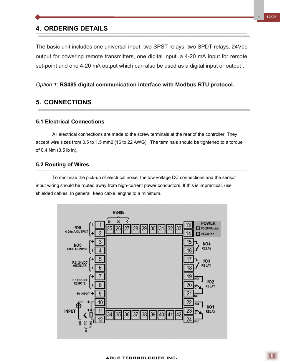 Ordering details, Connections | ABUS Technologies A9696 Series Universal Controller User Manual | Page 6 / 22