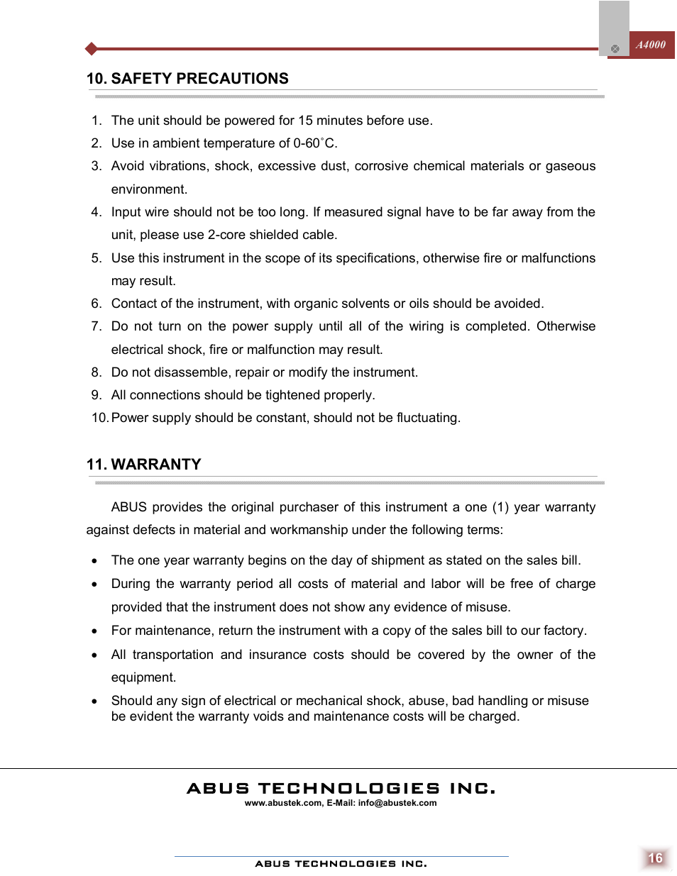 Abus technologies inc | ABUS Technologies A4000 Series Universal Controller User Manual | Page 16 / 16