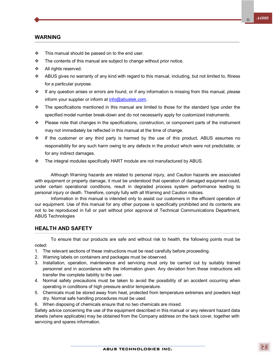 ABUS Technologies A4000 Series Universal Controller User Manual | Page 2 / 16