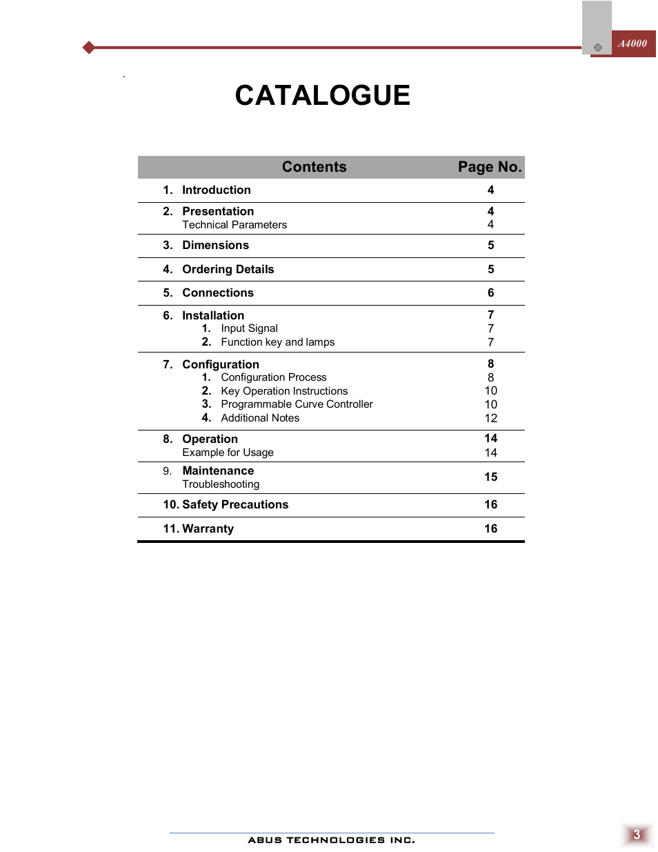 Catalogue, Contents page no | ABUS Technologies A4000 Series Universal Controller User Manual | Page 3 / 16