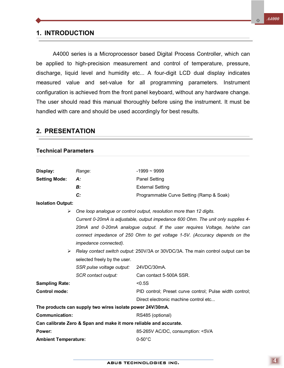 Introduction, Presentation | ABUS Technologies A4000 Series Universal Controller User Manual | Page 4 / 16