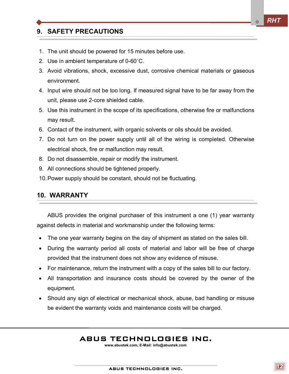 Abus technologies inc | ABUS Technologies RHT WM with LCD Датчики User Manual | Page 12 / 12