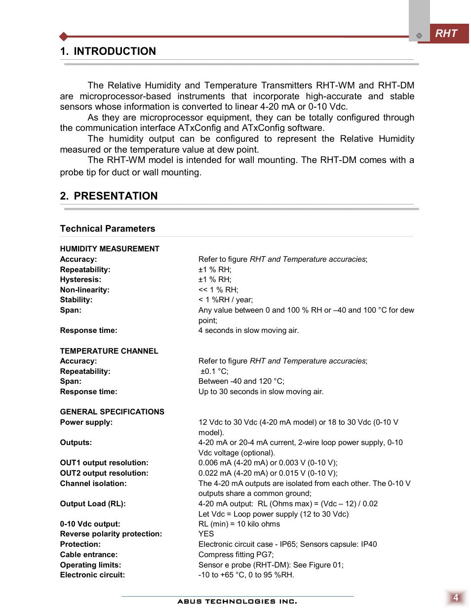 Rht 1. introduction, Presentation | ABUS Technologies RHT WM with LCD Датчики User Manual | Page 4 / 12