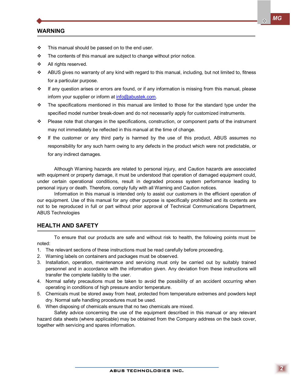 ABUS Technologies MG Low Differential Pressure Gauge User Manual | Page 2 / 9