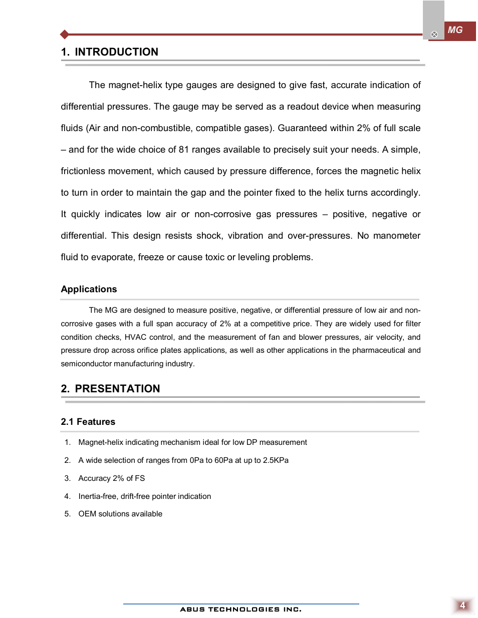 Introduction, Presentation | ABUS Technologies MG Low Differential Pressure Gauge User Manual | Page 4 / 9