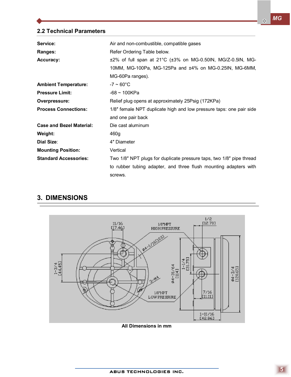 Dimensions | ABUS Technologies MG Low Differential Pressure Gauge User Manual | Page 5 / 9
