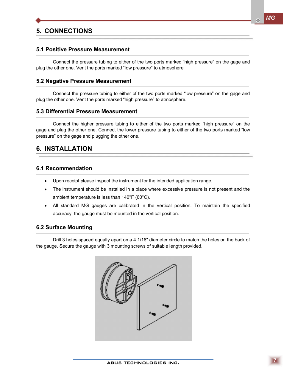 Connections, Installation | ABUS Technologies MG Low Differential Pressure Gauge User Manual | Page 7 / 9