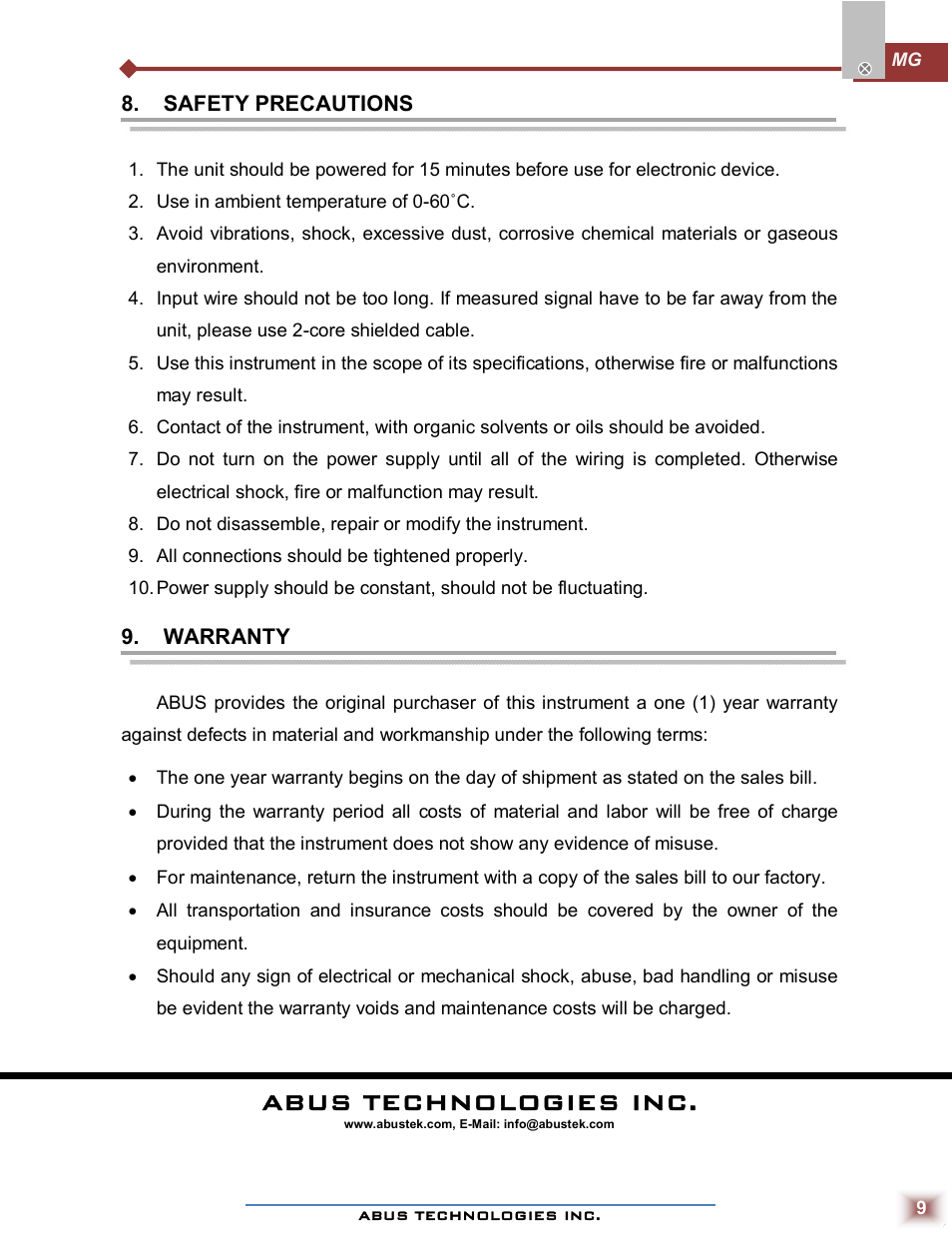 Abus technologies inc | ABUS Technologies MG Low Differential Pressure Gauge User Manual | Page 9 / 9