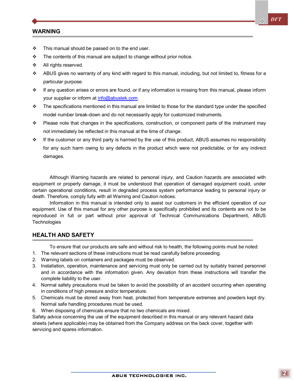 ABUS Technologies DFT Series Differential Pressure Transmitter User Manual | Page 2 / 8