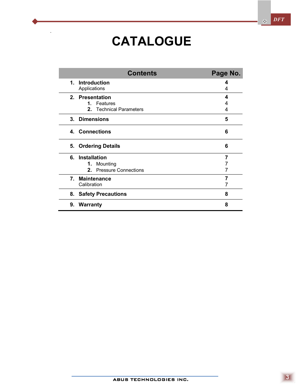 Catalogue, Contents page no | ABUS Technologies DFT Series Differential Pressure Transmitter User Manual | Page 3 / 8