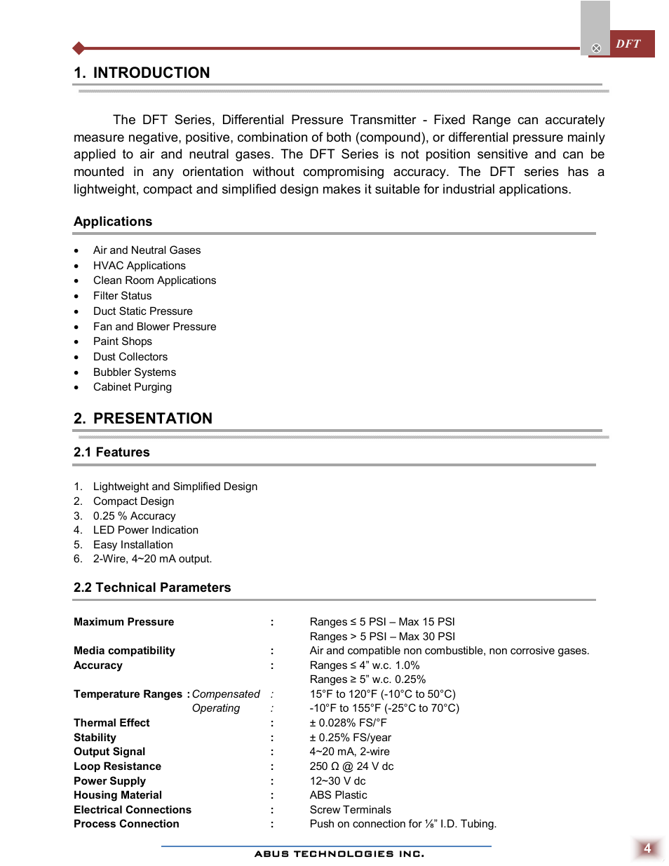 Introduction, Presentation | ABUS Technologies DFT Series Differential Pressure Transmitter User Manual | Page 4 / 8