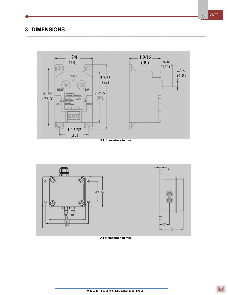 Dimensions | ABUS Technologies DFT Series Differential Pressure Transmitter User Manual | Page 5 / 8