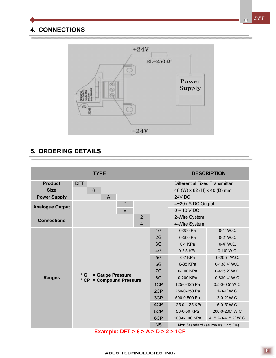 Connections, Ordering details | ABUS Technologies DFT Series Differential Pressure Transmitter User Manual | Page 6 / 8