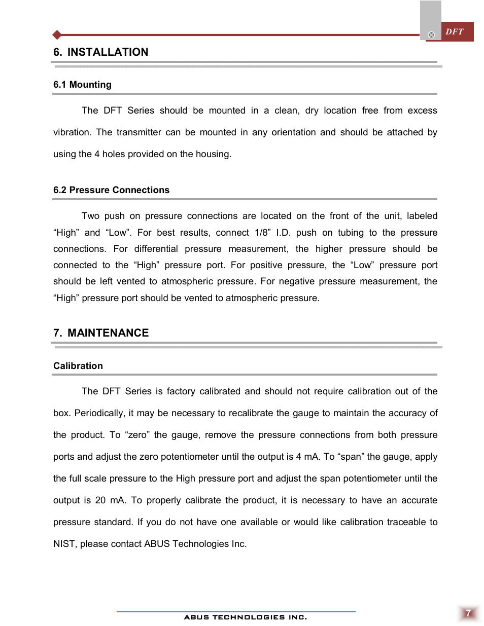 ABUS Technologies DFT Series Differential Pressure Transmitter User Manual | Page 7 / 8