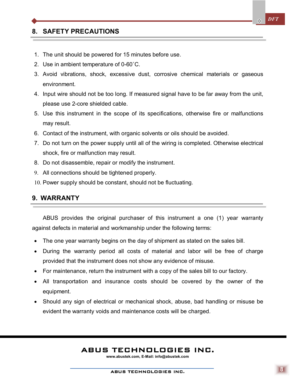 Abus technologies inc | ABUS Technologies DFT Series Differential Pressure Transmitter User Manual | Page 8 / 8