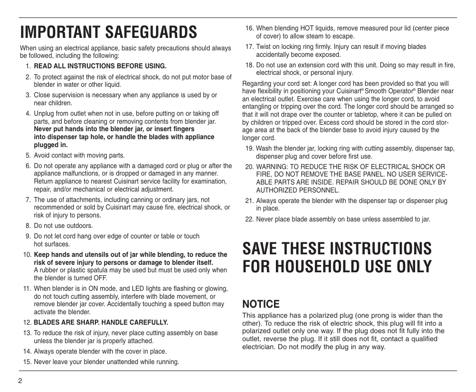 Important safeguards, Save these instructions for household use only, Notice | Cuisinart SMO-56 User Manual | Page 2 / 9