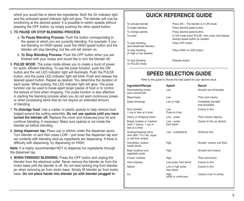 Quick reference guide, Speed selection guide | Cuisinart SMO-56 User Manual | Page 5 / 9