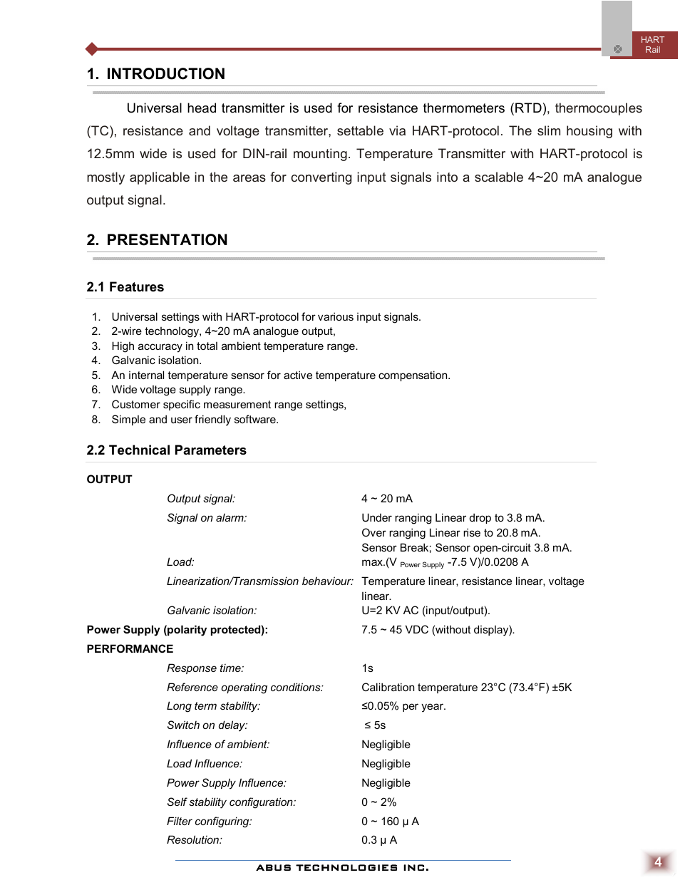 Introduction, Presentation | ABUS Technologies HART? Rail Temperature Transmitter User Manual | Page 4 / 8