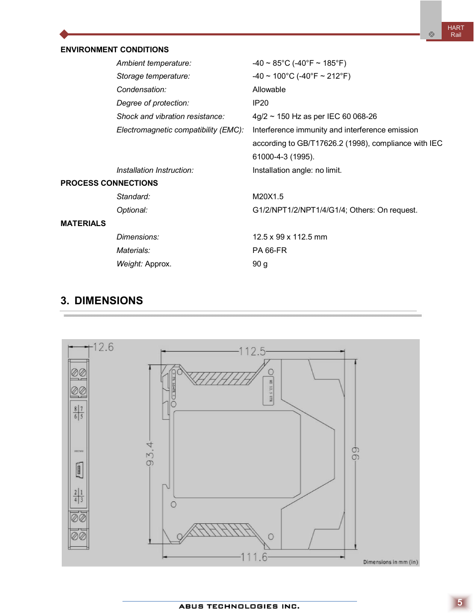Dimensions | ABUS Technologies HART? Rail Temperature Transmitter User Manual | Page 5 / 8