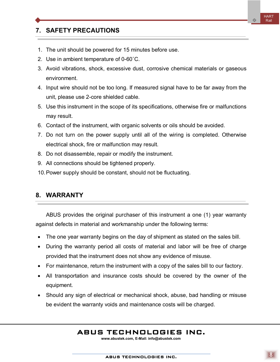 Abus technologies inc | ABUS Technologies HART? Rail Temperature Transmitter User Manual | Page 8 / 8