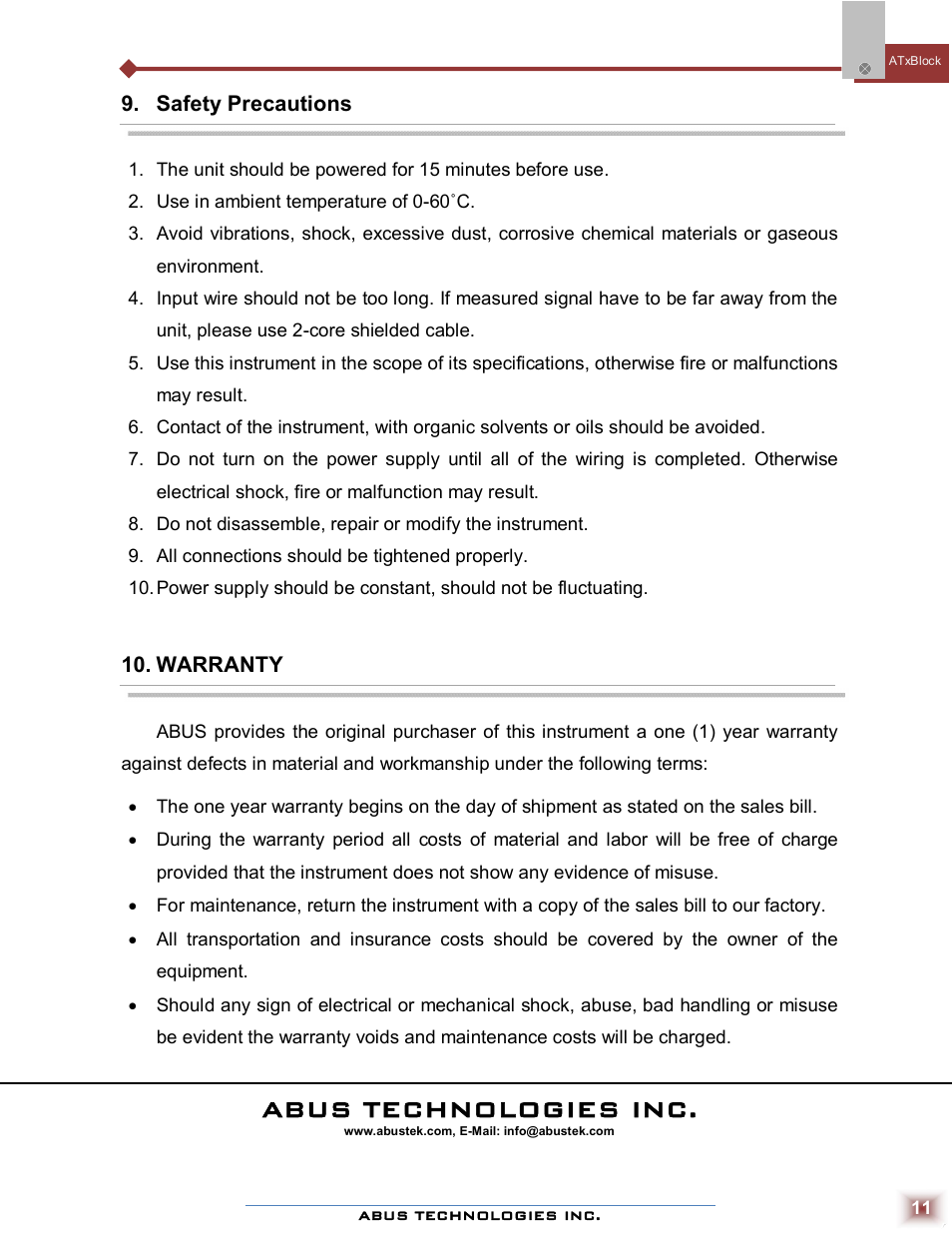 Abus technologies inc | ABUS Technologies ATxBlock Temperature Transmitter User Manual | Page 11 / 11