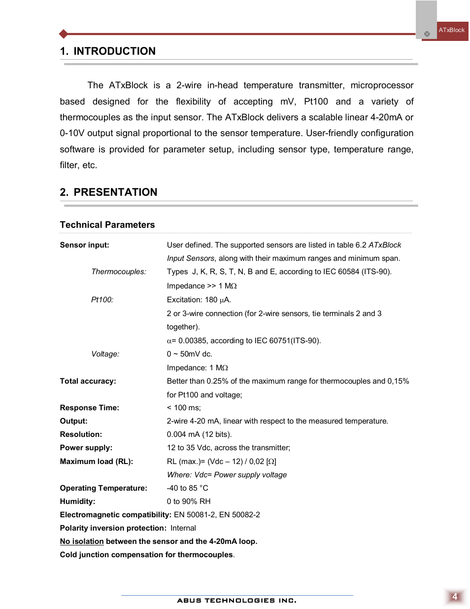Introduction, Presentation | ABUS Technologies ATxBlock Temperature Transmitter User Manual | Page 4 / 11