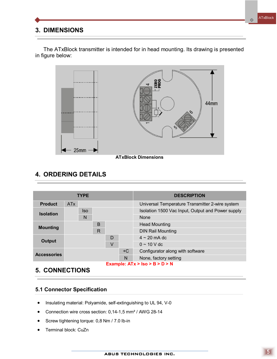 Dimensions, Ordering details, Connections | ABUS Technologies ATxBlock Temperature Transmitter User Manual | Page 5 / 11